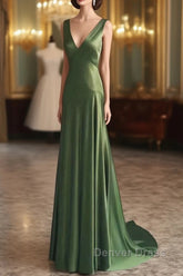 A-Line Green Satin V-Neckline Low Back Prom Dresses, Green Evening Dresses